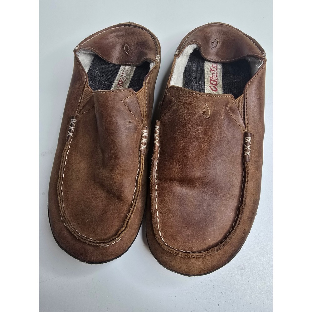 OluKai Moloa Loafers Men 9 Brown Leather Shearling Slipper Drop-In Heel